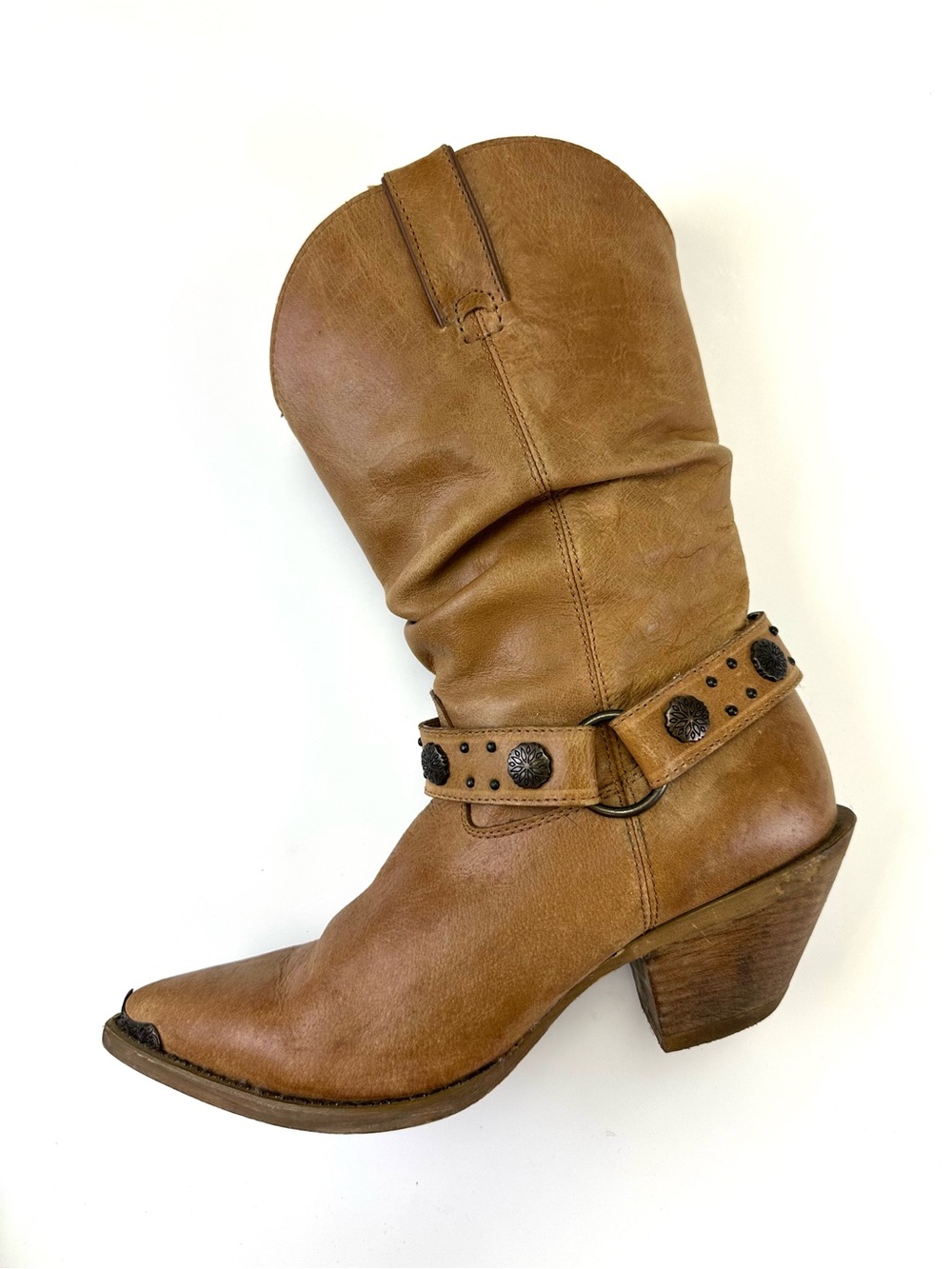 Durango Crush Tan Leather Western Cowgirl Boots Harness Studded 9.5M